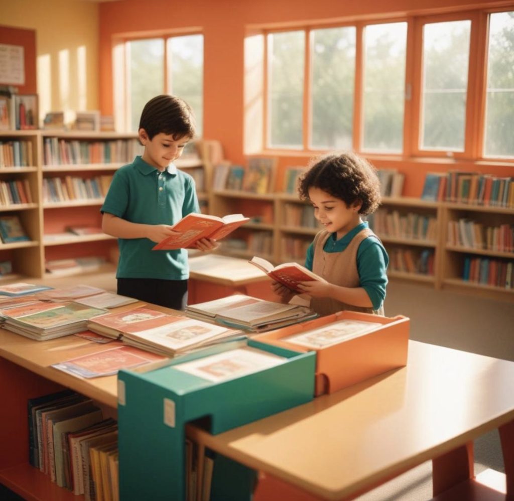 Kütüphanede kitap okuyan çocuklar